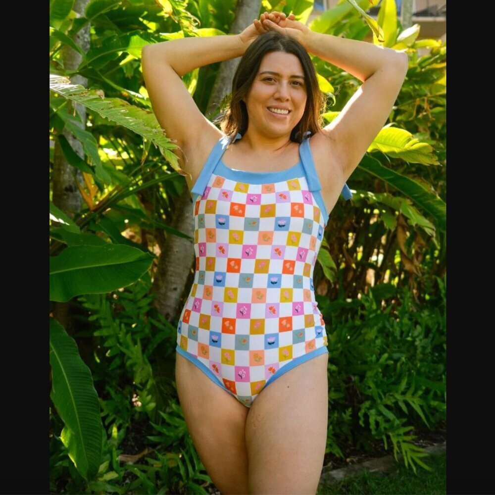Lime Ricki Flower Check Bandeau One-Piece Swim Bathing Suit S - Picture 3 of 9